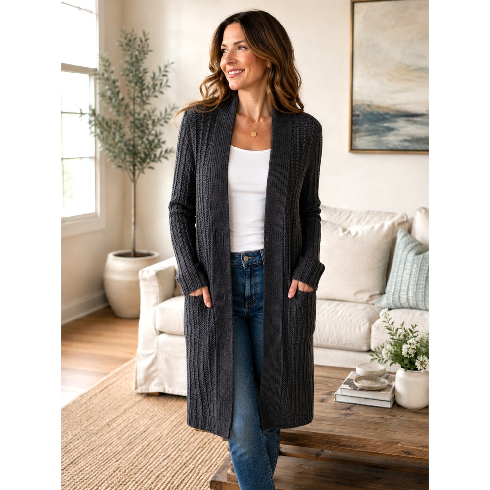 CAbi Knit Open Front Long Cardigan Padded Shoulders Grey Womens Pockets M Cotton